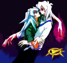 two anime characters hugging each other in front of a dark background with yellow and red lights