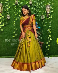 Narayanpet Pattu Half Sarees, Naryanapattu Sarees, Narayanapet Half Saree Blouse Designs, Langa Dhawani Blouse Design, South Indian Pattu Langa, South Indian Traditional Dress For Women, South Indian Lehenga Half Saree Simple, Simple Half Sarees Latest Designs, Pattu Lehnga Designs