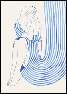 a drawing of a woman sitting in front of a blue and white striped wallpaper