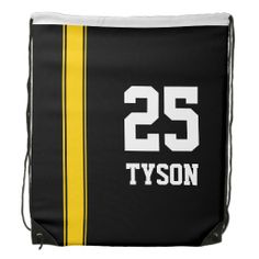 a red and yellow drawsack bag with the number 25 on it's side