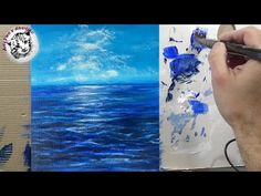 a man is painting an ocean scene with blue and white watercolors on paper