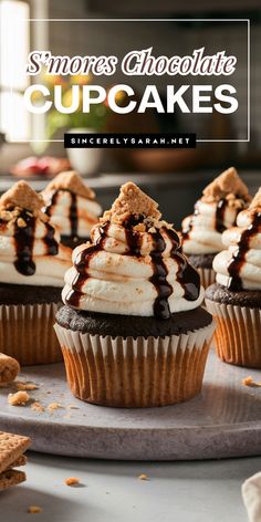 chocolate cupcakes with white frosting and caramel drizzle on top