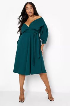 boohoo Plus Off Shoulder Wrap Midi Dress | Debenhams Plus Size Wrap Dress, Plus Size Wedding Guest, Plus Size Wedding Guest Dresses, Staple Dress, Shoulder Wrap, Wrap Midi Dress, Green Midi Dress, Plus Size Wedding, Plus Size Dress