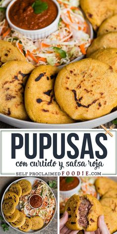 this is a collage of pictures with different food items and words that say pupusas