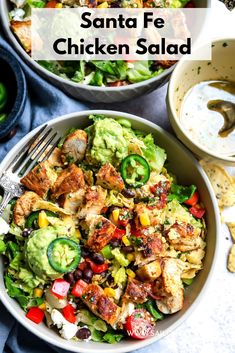 two bowls filled with chicken salad next to a bowl of ranch dressing and tortilla chips