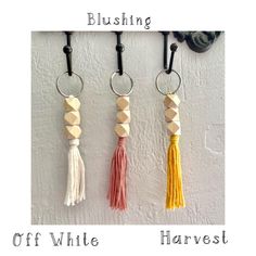 three key chains hanging from hooks on a wall with the words, blowing off white and harvest