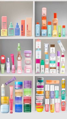 the shelves are filled with different types of beauty products