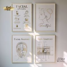 Face Anatomy Art, Gold Foil Print, Beauty Salon Decor, Facial Aftercare Print, Skin Anatomy Poster, Dermatology Print, Beauty Quotes Set of 4 unframed posters Foil printing is an original and bright decoration for your interior and a wonderful gift for friends and family! All posters are printed on smooth, thick paper. Please note, this is an intricate handmade piece and each poster is printed specifically for you, so the foil coating may have tiny imperfections. This is normal and does not affe Salon Decor Aesthetic, Small Facial Room Ideas Estheticians, Hair Salon Waiting Area Seating, Spa Wall Art, At Home Esthetician Room, Dermatology Aesthetic, Small Facial Room Ideas, Med Spa Design, Medspa Aesthetic