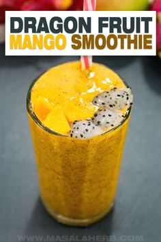 dragon fruit mango smoothie in a tall glass with a straw and garnish