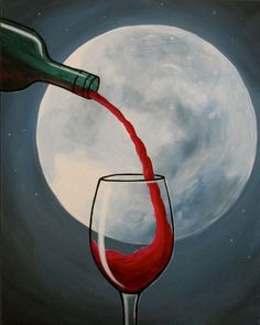 a painting of a wine glass being filled with red wine in front of a full moon