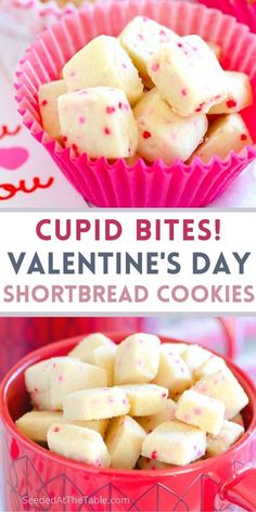 cupid bites valentine's day shortbread cookies in pink paper cups with text overlay