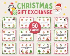 christmas gift exchange cards with santa claus and penguins