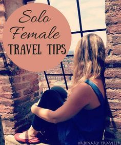 a woman sitting in front of a window with the words solo female travel tips