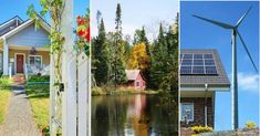 four different houses with solar panels on the roof and water in the yard, along with a windmill