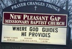 a sign that says, new pleasant gap mission baptist church where god guides he provides