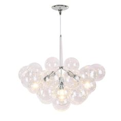 a chandelier with clear glass balls hanging from it's center point, on an isolated white background