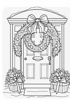 a christmas wreath on the front door of a house with presents and bows around it