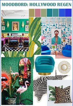 the mood board is full of vibrant colors and patterns, including zebras, palm trees,