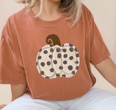 White Polka Dot Pumpkin - Tees Polka Dot Pumpkin, Dog Grandma, Halloween Adventure, Adventure Baby, Printed Tea Towel, Pumpkin Design, Shirt Fits, Printed Pillow, Fall Collections