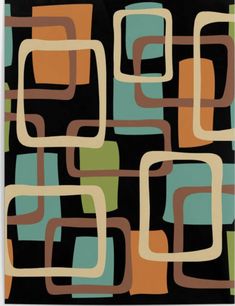 an abstract painting with squares and rectangles in black, orange, green, yellow and brown