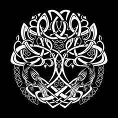 an intricate celtic design with two birds in the center on a black and white background