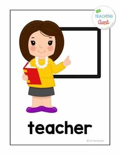 a girl holding a book and pointing to the board with her hand, which says teacher