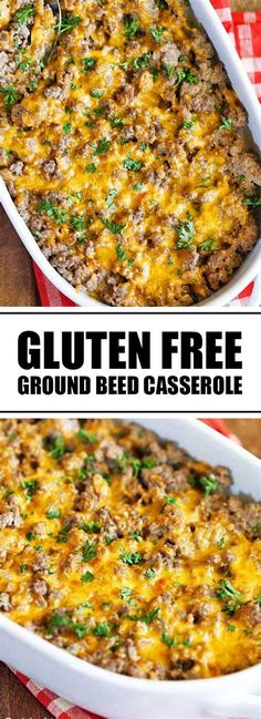 two images side by side showing ground beef casserole in a white baking dish