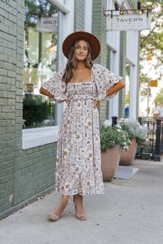 Taupe Floral Print Ruffle Sleeve Midi Dress - Magnolia Boutique Sorority Rush Outfits, Revival Clothing, Rush Outfits, Fall Style Guide, Gameday Dress, Loungewear Dresses, Casual White Dress, Design Square, Floral Print Midi Dress