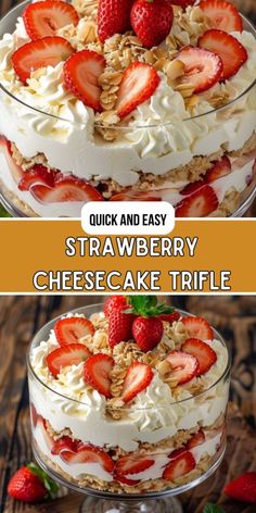 an image of strawberry cheesecake trifle with strawberries in the top and on the bottom