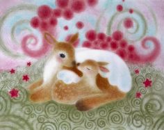 a painting of a baby deer and its mother laying on the ground with swirls in the background