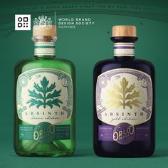 two bottles of absinth are sitting side by side on a green background with the words absinth written below them