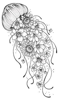 a black and white drawing of a jellyfish with flowers