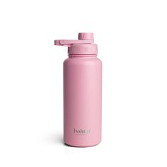 a pink water bottle sitting on top of a white surface with the word doubit printed on it