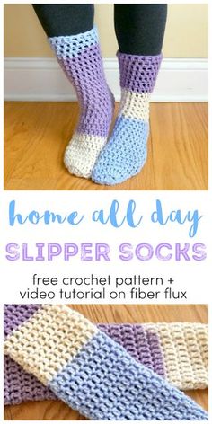 a woman's legs wearing slippers and socks with text overlay that reads, home all day slipper socks free crochet pattern