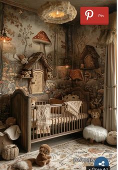 there is a baby crib with stuffed animals in it and a lamp above the crib