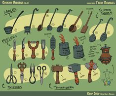 an image of various types of tools for cooking and crafting on a green background