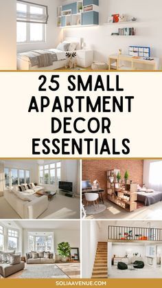 the 25 small apartment decor essentials are on display in this collage with photos