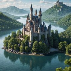 an aerial view of a castle in the middle of a lake surrounded by mountains and trees