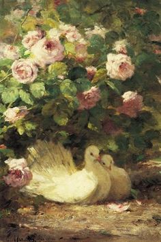 a painting of two white ducks in front of pink roses