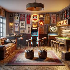 Enjoy a blast from the past in this retro man cave! Chill on a large leather couch with a vintage jukebox, classic arcade game, and oak pool table. Features include a stocked neon-lit bar and a custom dart board amid vintage sports memorabilia. #ManCave #RetroDesign #HomeBar #ArcadeGames #SportsMemorabilia #VintageStyle Darts Room, Vintage Sports Bar, Large Leather Couch, Custom Dart Board, Cave Design, Man Cave Design, Home Game Room, Arcade Room, Vintage Lounge