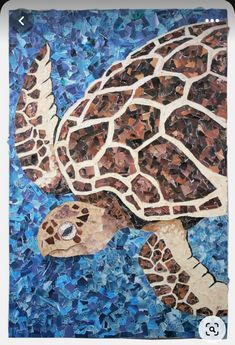 a painting of a sea turtle in blue and brown mosaics on a white background