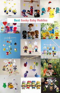 the collage shows many different types of mobiles for babies and toddlers to play with