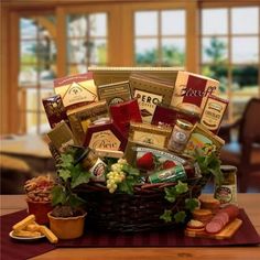 a basket filled with lots of food on top of a table