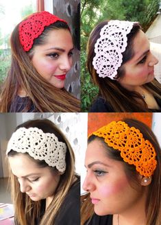 four pictures of different types of crocheted headbands, one is red and the other is white