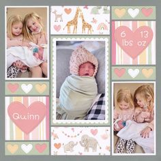 a collage of photos with hearts, giraffes and baby's names