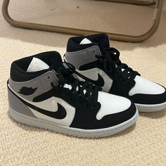 *Only Worn Once* No Scratches Or Marks. Light Steel Grey Canvas, Black, And White. Canvas Black And White, Black And White Nikes, Air Jordan 1 Mid Se, Womens Air Jordans, Black And White Shoes, Shoe Inspo, Grey Shoes, Nike Shoes Women, Steel Grey