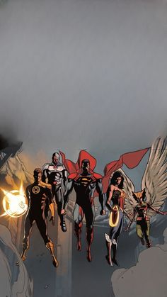 an image of a group of superheros in the air with fire coming from them