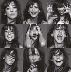 many different pictures of a woman with her mouth open and hands in the air, making faces