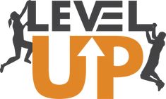 the logo for level up with two people climbing on one side and an arrow pointing to the