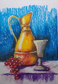 a drawing of a pitcher and cup with grapes on the table next to it,